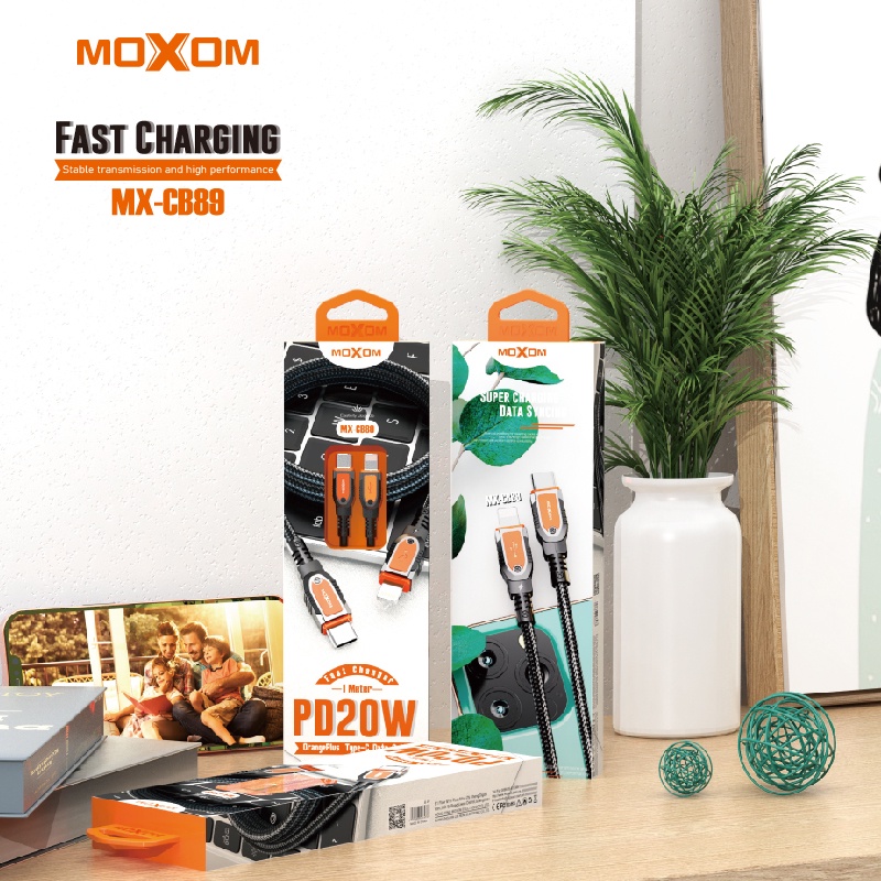 Dây sạc nhanh 20W MOXOM CB89 OrangePlus PD 3.0 cổng Type-C to L dùng cho 14 13 12 11 xsmax, dài 1m