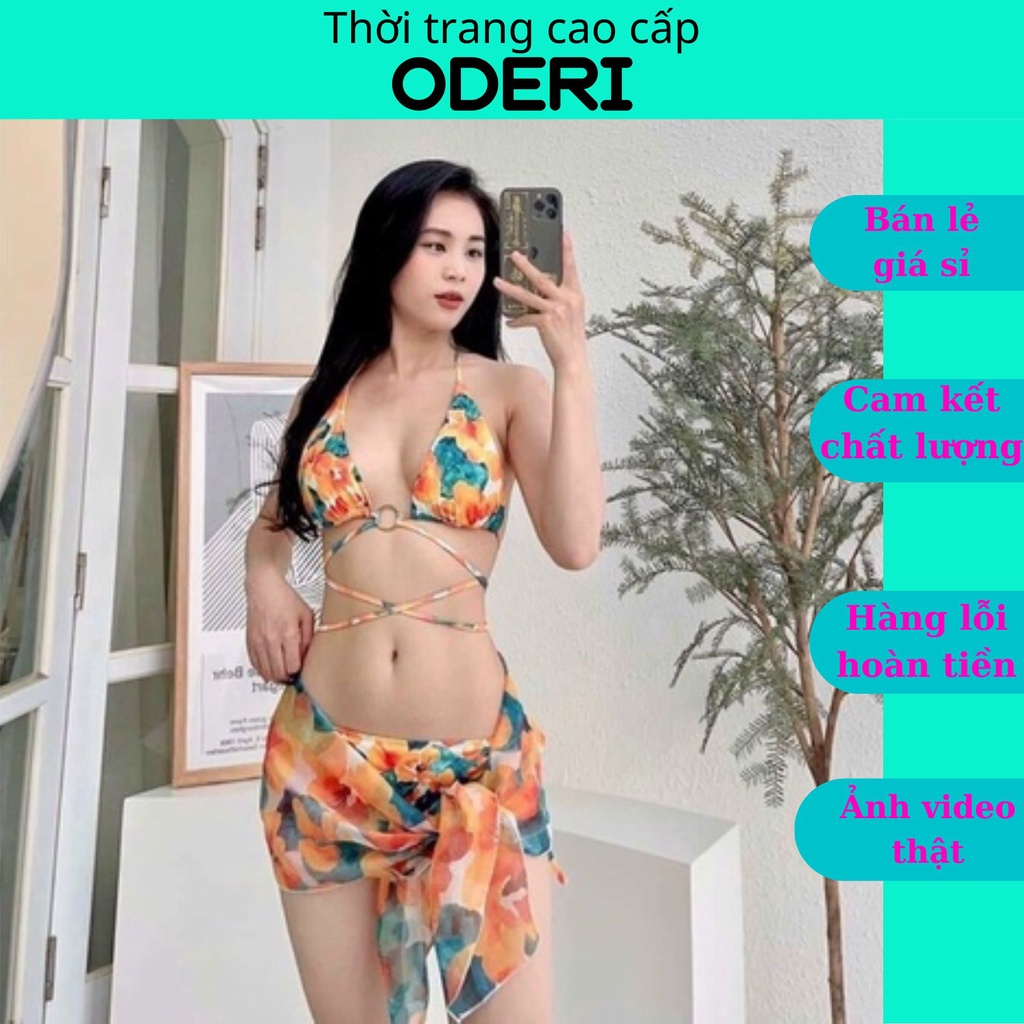 SET BIKIBI, ĐỒ BƠI ĐI BIỂN HOA CAM  TAM GIÁC KÈM KHĂN MẪU MỚI SEXY ODERI BM-118