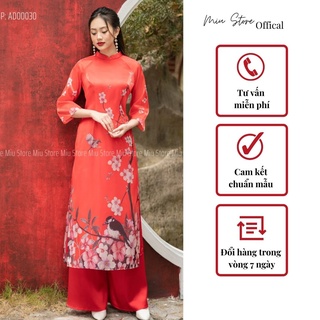 Áo dài cách tân hàng thiết kế hoa đào Tết voan đỏ AD00030