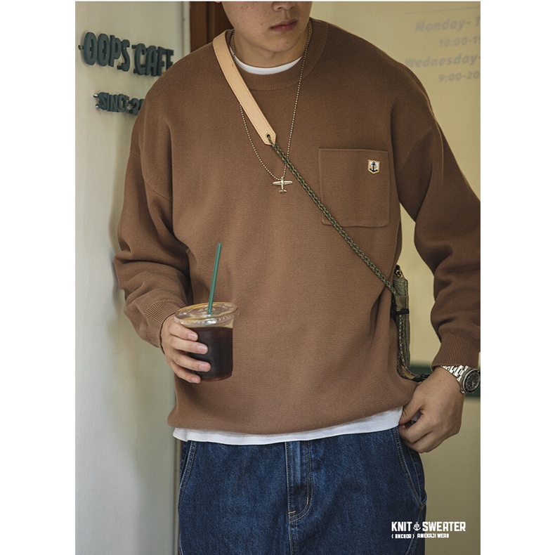 MADEN tooling men's autumn and winter Japanese retro round neck black warm inner loose sweater