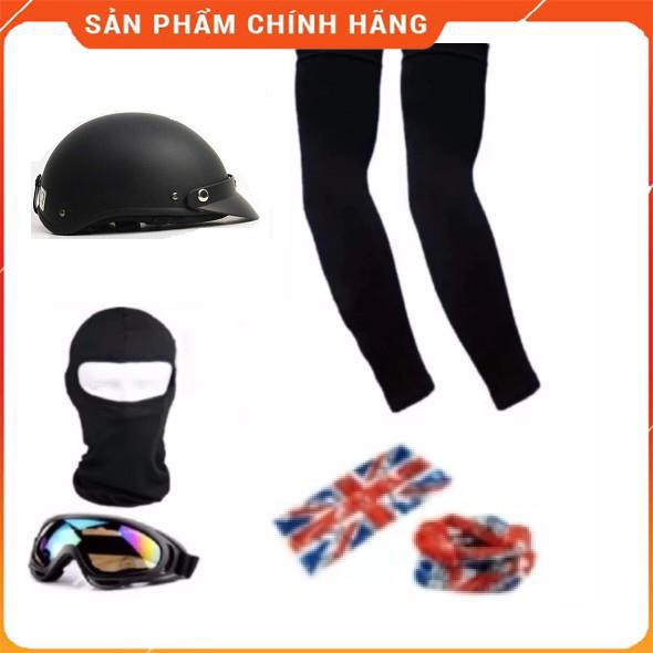 Bộ 1 nón bảo hiểm 1/2 đầu (đen) +1 mũ ninja +1 đôi bao tay chống nắng +1 kính phượt +Tặng 1 khăn phượt đa năng'(Đen)