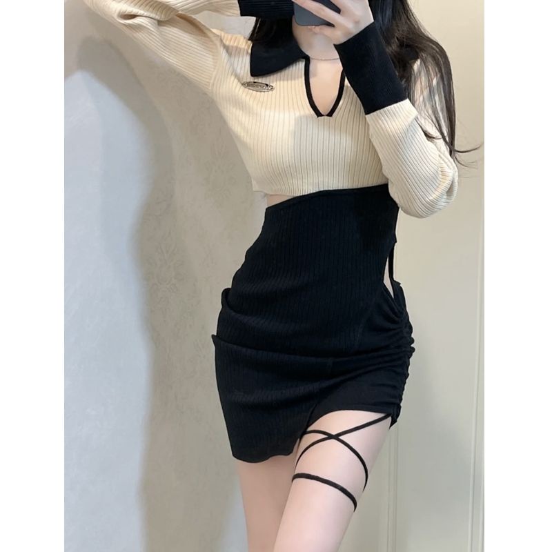 Đầm Dệt Kim Tay Dài Cổ Chữ V Màu Sắc Tương Phản Thời Trang Mùa Xuân Xinh Xắn Cho Nữ