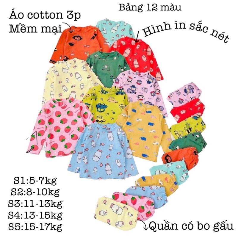 Bộ dài tay chất cotton hình quảng châu cổ 3 phân bé trai và bé gái 5-17kg  siêu đẹp mã QATEA100