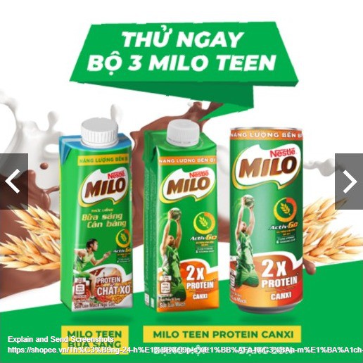 [Q.3] QUẬN 3 [HỎA TỐC] THÙNG 24 HỘP SỮA NẮP VẶN LÚA MẠCH NESTLÉ MILO TEEN PROTEIN CANXI 210 ML/HỘP (NẮP XANH LÁ)