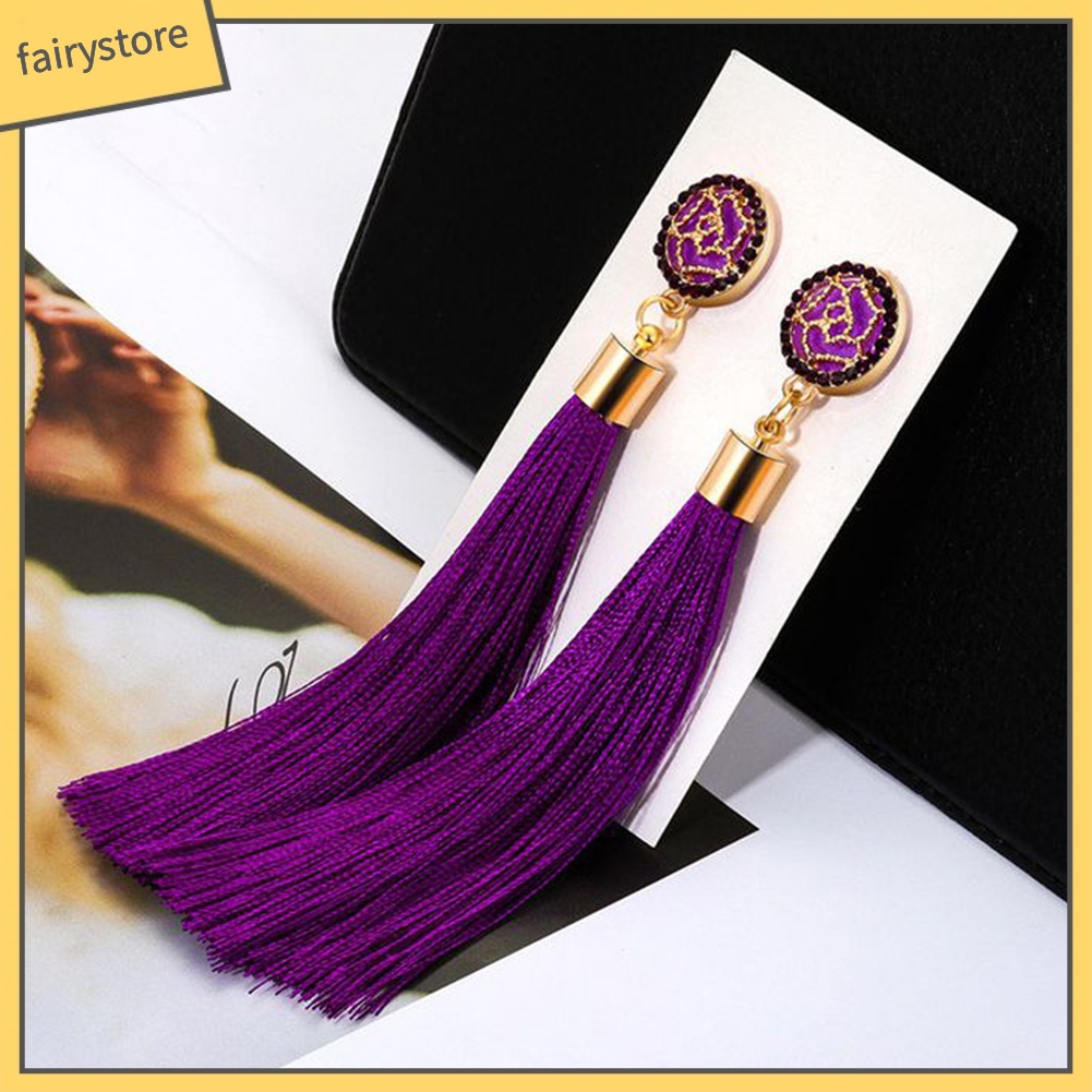 Khuyên Tai Dáng Dài Hình Hoa Hồng Phối Tua Rua Phong Cách Dân Tộc