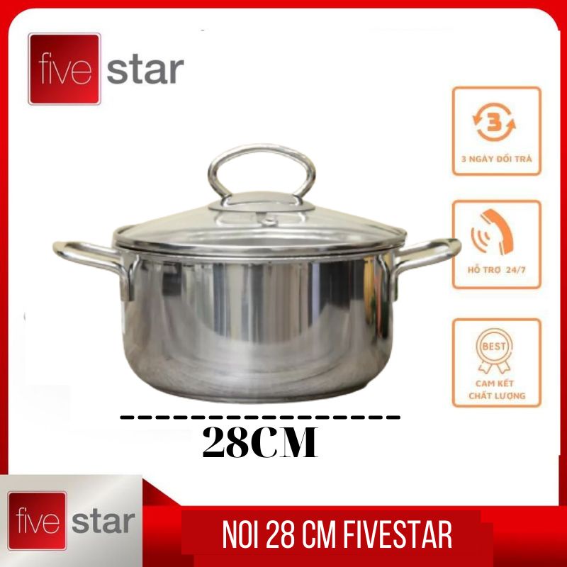 Nồi inox cao cấp FIVESTAR 28 CM NẮP kiếng 3 đáy nấu  được bếp từ, bếp ga, bếp hồng ngoại