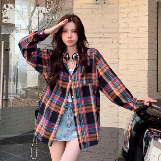 ZHELIHANGFEI Áo Khoác Sơ Mi Tay Dài Dáng Rộng Kẻ Sọc Kiểu Retro Cá Tính