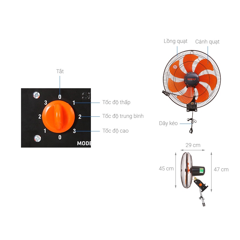 Quạt Treo Tường Senko TC1622, 7 cánh siêu mát, không gây tiếng ồn, xoay 150 độ, có thẻ bảo hành cam kết chính hãng
