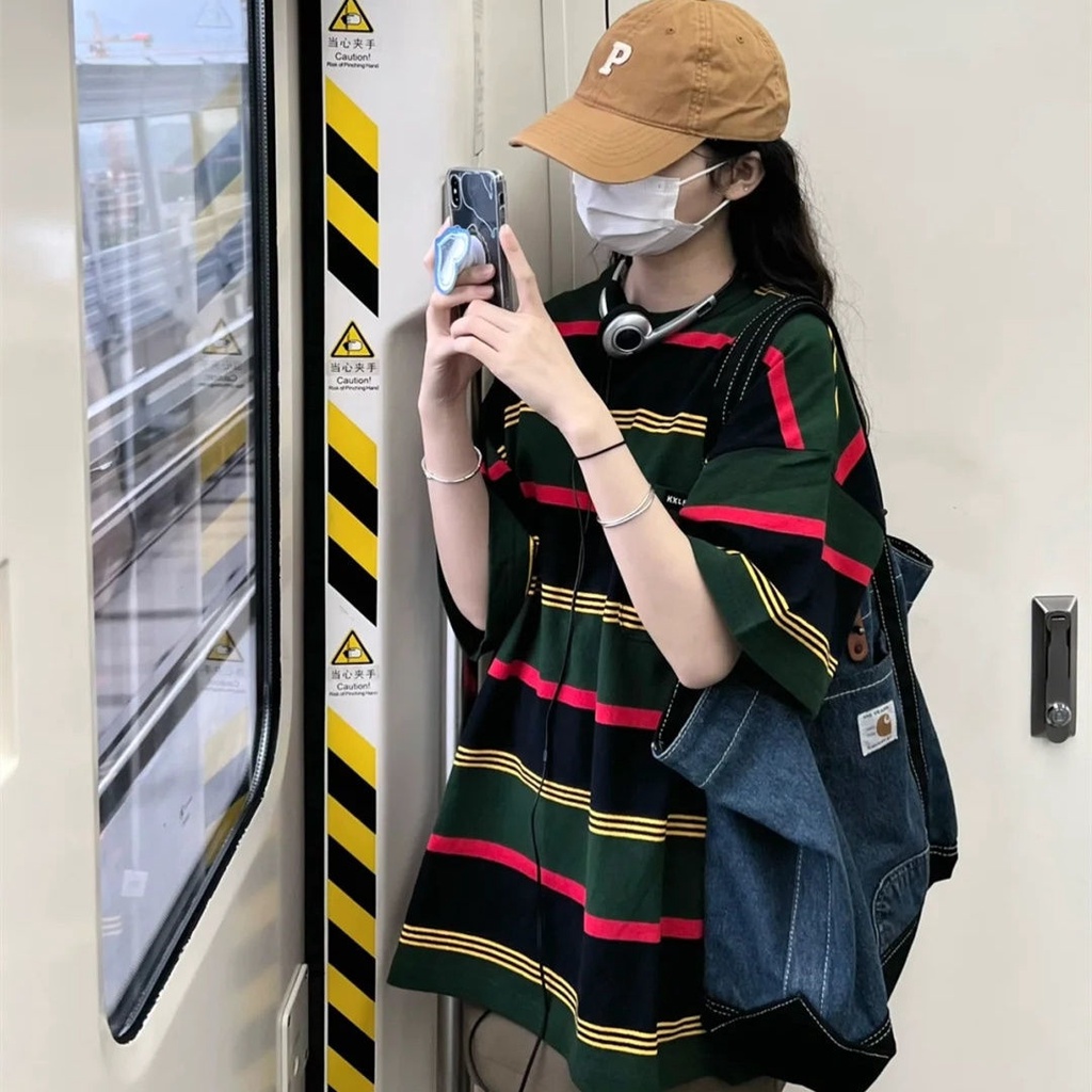 Jiashucheng Áo Thun Nữ Ngắn Tay Cổ Tròn Sọc Ngang Thời Trang Mới