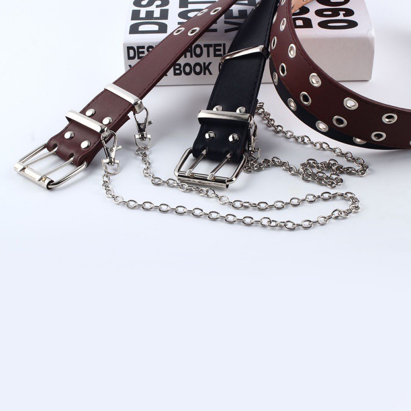 【Felicelife】Dây nịt da PU trang trí hai hàng khoen rỗng và chuỗi kim loại cá tính cho cả nam và nữ