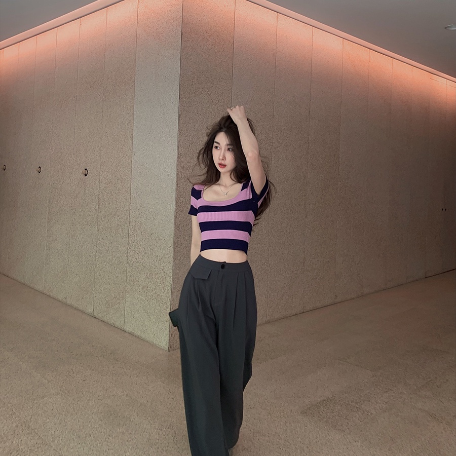 Áo Thun Kiểu Cổ Vuông Họa Tiết Sọc Thời Trang Phong Cách Vintage Cho Nữ