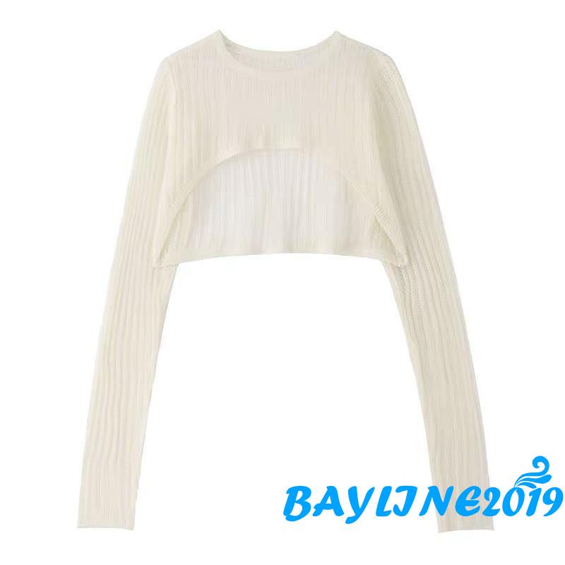 BAY-Women Summer Bikini Cover Up, Solid Color Long Sleeve Round Neck Cutout Sheer Knitted Cropped Tops Beachwear