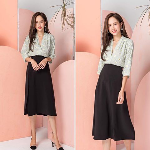 KOKA Design Sơ mi cổ tim kẻ caro hoa cúc 14847