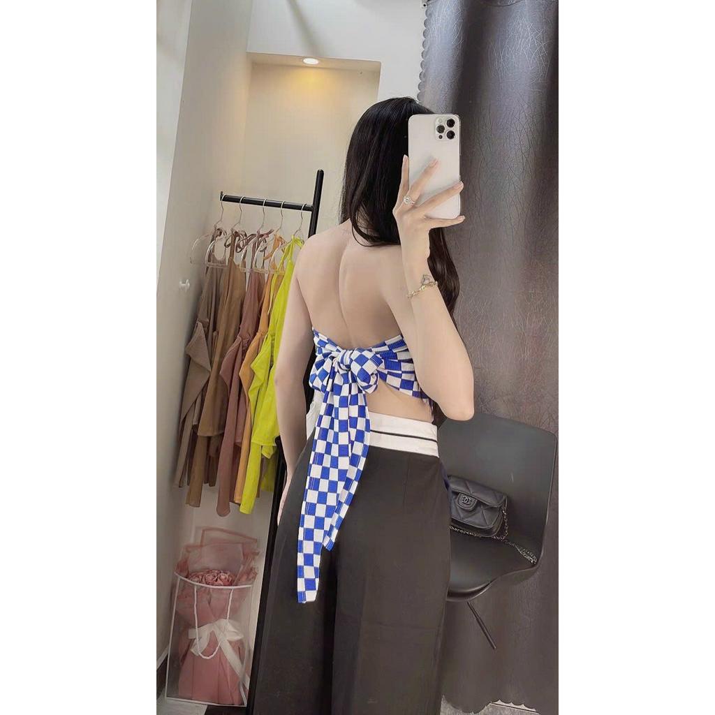Áo ống cúp ngực nhọn tà cột dây nơ lưng phối màu caro croptop cực sexy , chất thun gân dày dặn