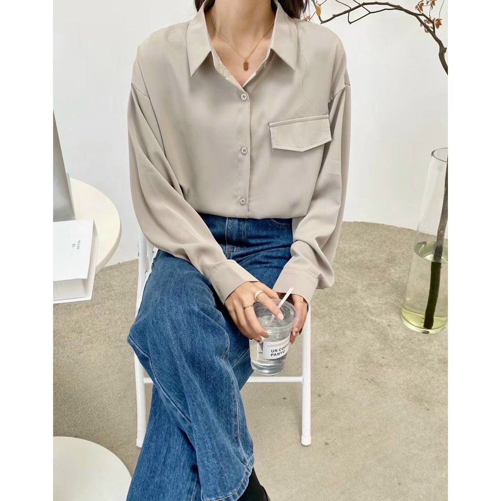 Sơ mi lụa trơn cúc sau - kèm ảnh thật chụp tại shop