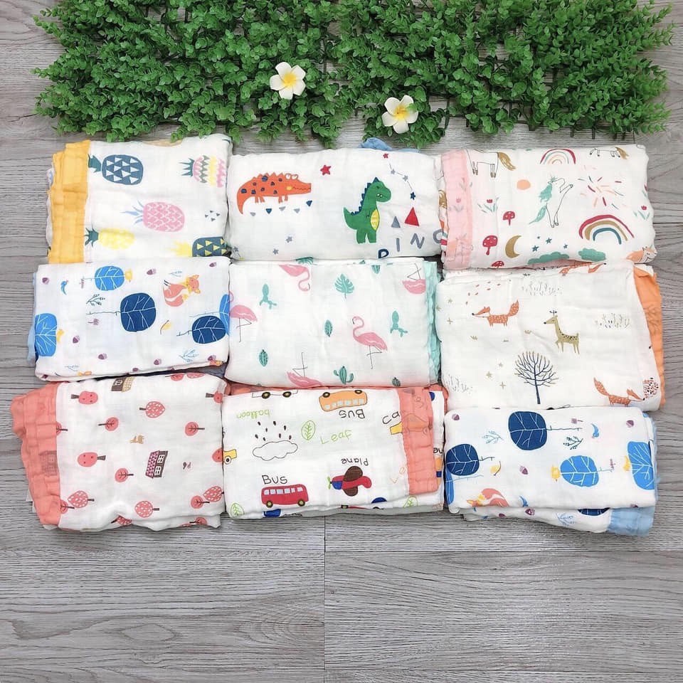Chăn cho bé, khăn tắm cho bé vải xô 6 lớp may bo viền kích thước 115x115 cm thấp hút tốt mềm mại cho da bé Bunakids PN17