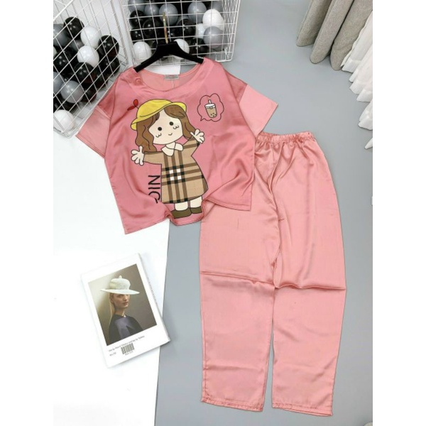Set Bộ Satin Pijama Cổ Tròn Tay Lỡ Quần Dài Mặc Nhà Nữ