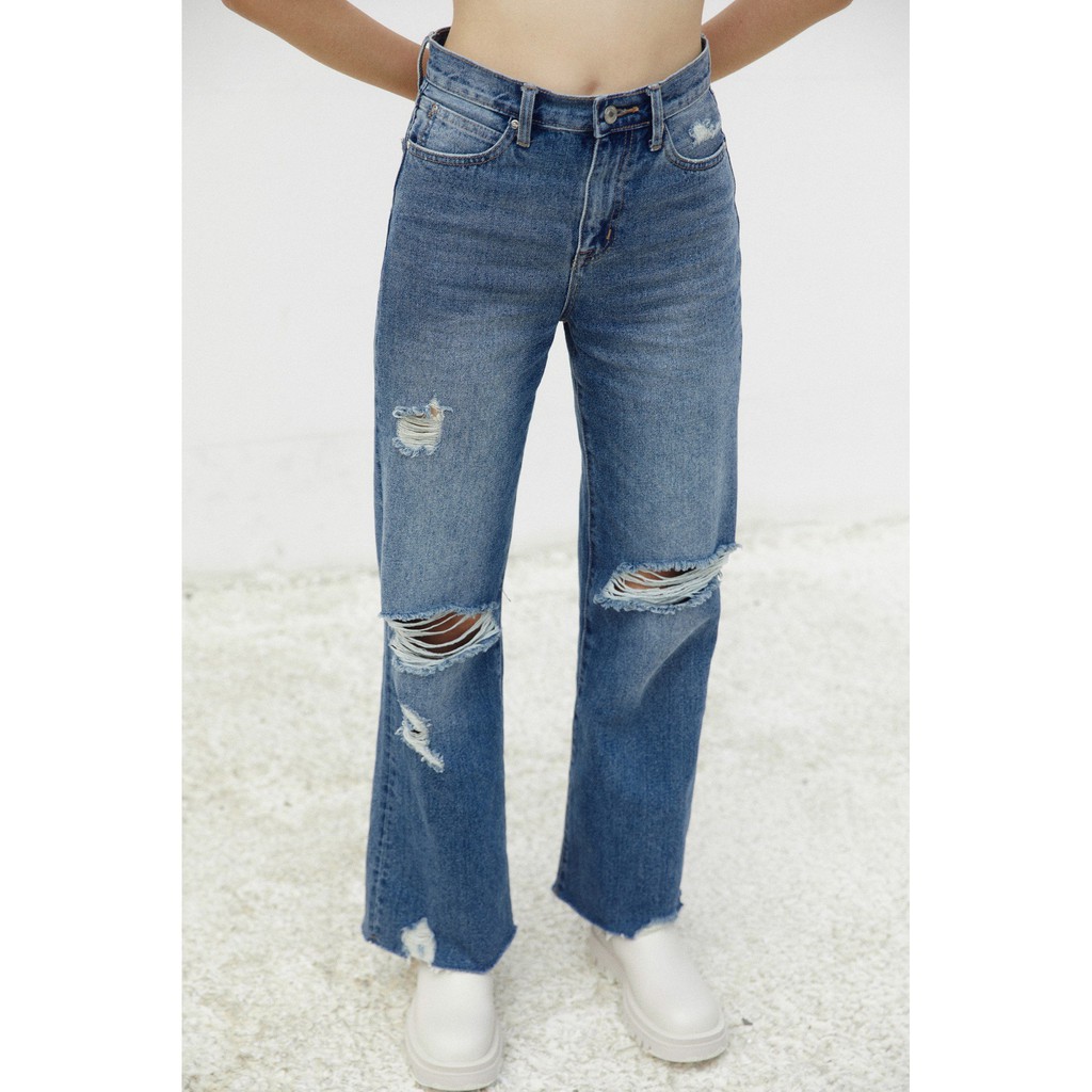 TheBlueTshirt - Quần Jeans Nữ Ống Rộng Rách Gối Màu Đậm - Cheeky Chic Wide Leg Jeans - Dark Blue Wash