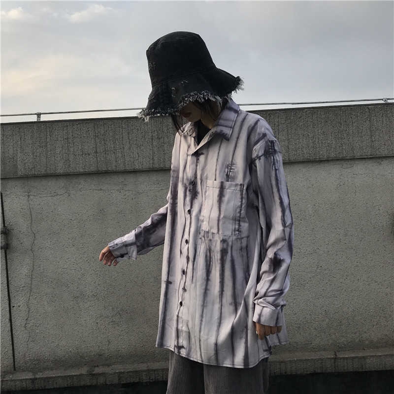 [Miễn Phí Vận Chuyển] Áo Sơ Mi Dài Tay 229609Áo Sơ Mi Dáng Rộng In Màu Nhuộm Kiểu Harajuku Cá Tính