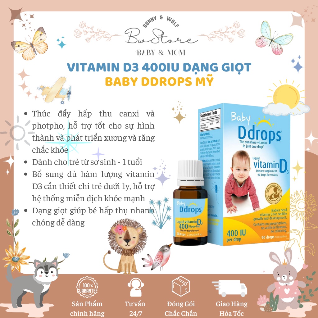 [Hàng Air - Cam kết chính hãng] Baby Ddrops Vitamin D3 400 IU Mỹ dạng giọt 60drops /90 drops - cho bé từ sơ sinh