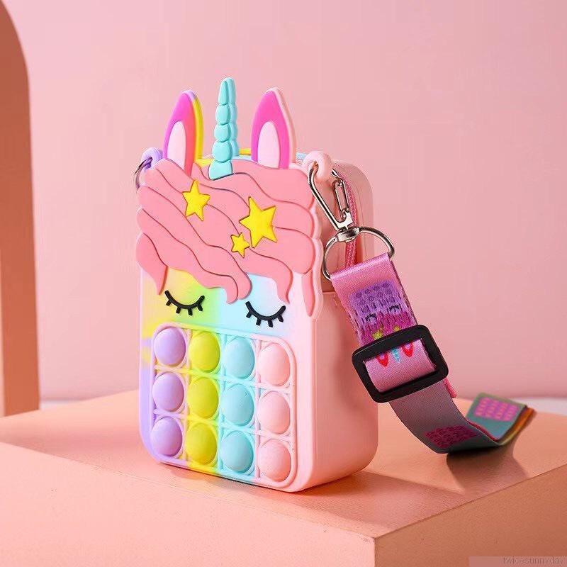 Túi đeo vai hình kỳ lân dễ thương bằng silicon kiểu đồ chơi nhấn bong bóng giảm căng thẳng