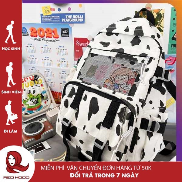 Balo Ulzzang Nữ Phong Cách Hàn Quốc Cao Cấp, Ba lô vải cavans đi học cao cấp hoạ tiết độc đáo REDHOOD-RD021