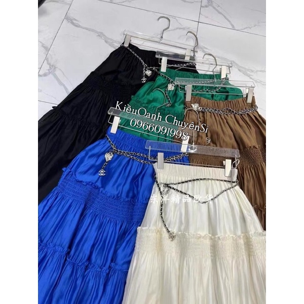 Chân váy lụa tầng dáng xoè dài midi kèm đai siêu xinh