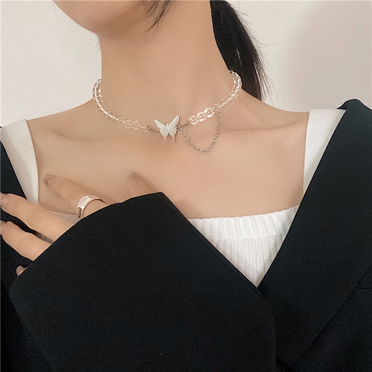 Vòng cổ Chuỗi Hạt Tròn Trong Suốt Mặt Hình Bướm Thời Trang Cho Nữ