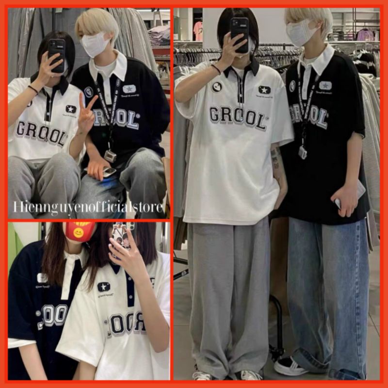 Áo Polo cổ bẻ tay lỡ in chữ GROOL 2 màu đen trắng  Chất cotton dầy đẹp, from rộng Unisex phong cách Hàn Quốc