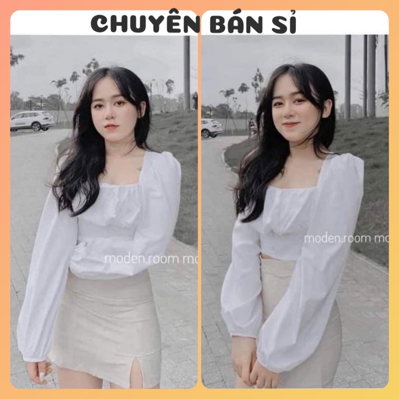 Áo kiểu cổ vuông tay bồng cột nơ vải voan xốp có mút ngực