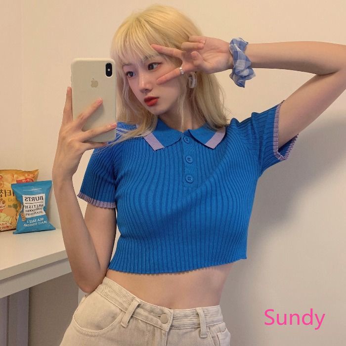 Áo croptop dệt kim cổ áo Polo thời trang mùa hè xinh xắn cho nữ