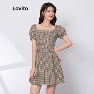 113XJ Đầm Lovito kiểu chữ A chống biến dạng cổ vuông tay phồng kẻ sọc phong cách thường ngày L29ED021 (nhiều màu)