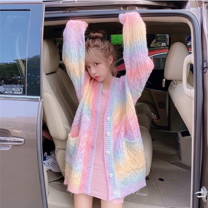 Áo khoác len cardigan dài tay màu cầu vồng Rainbow phong cách ulzzang SAM SAM BOUTIQUE
