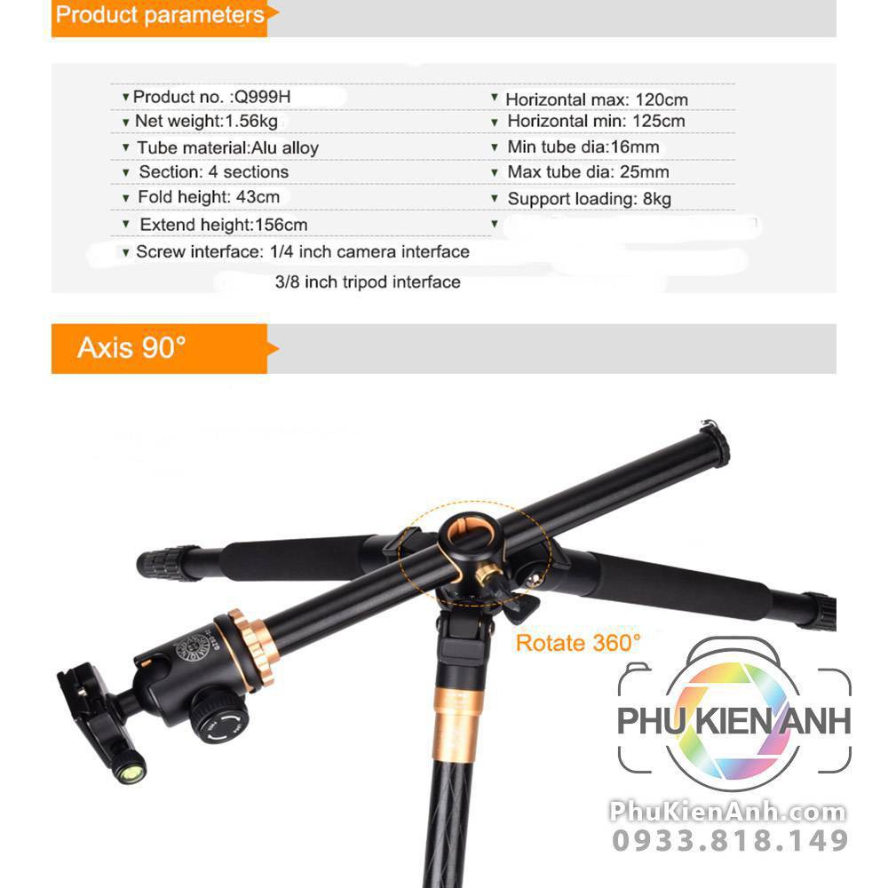 Tripod Beike Q999H có trục trượt ngang để chụp sản phẩm, quay phim, có mono tripod