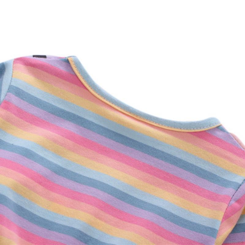 Babyme Autumn Baby Girls Rainbow Stripe Print Long Sleeve Fake 2 Piece Dress Kids Princess Dresses