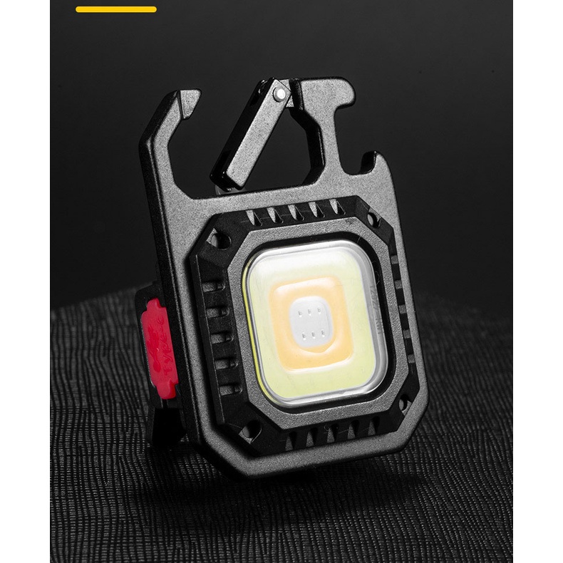 Đèn led mini chip led COB siêu sáng 3 màu 7 chế độ sáng + móc khóa + mở bia chai + nam châm + mồi lửa +