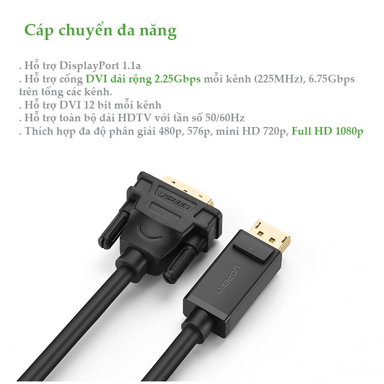 Dây cáp DisplayPort đực sang DVI-D (24+1) đực hỗ trợ 1920x1200 UGREEN DP103