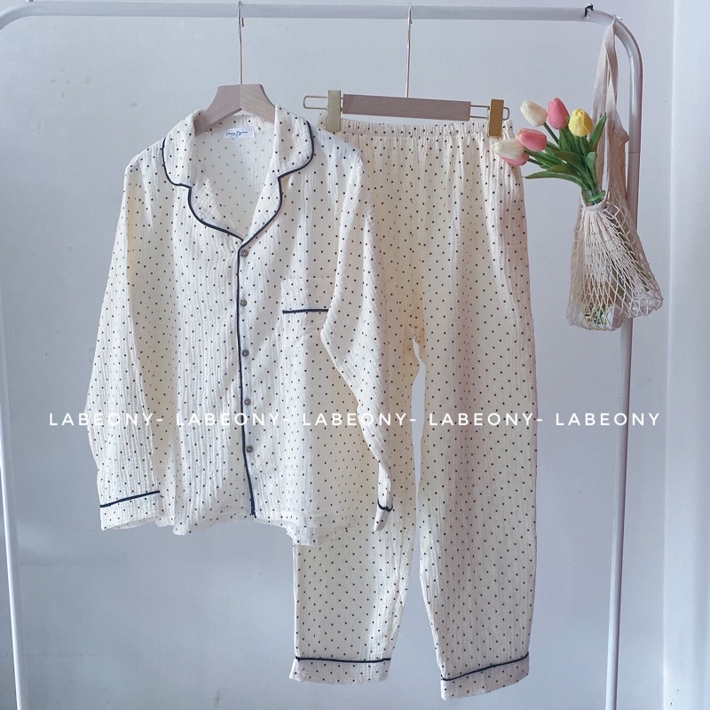 Đồ bộ nữ mặc nhà Pyjama CHẤM BI muslin Labeony( Bi Xanh Mới)