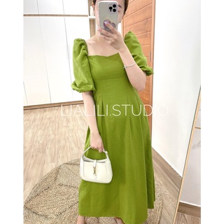 Đầm xanh bơ, chất linen