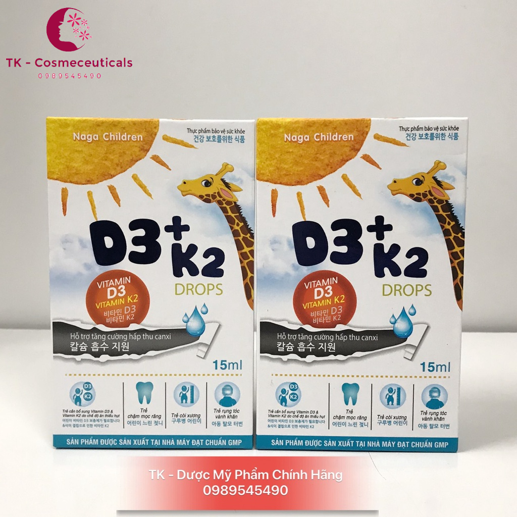Naga Children D3 + K2 Drops Tăng Cường Hấp Thu Canxi Cải Thiện Tình Trạng Bé Còi Xương, Chậm Mọc Răng - 15ml