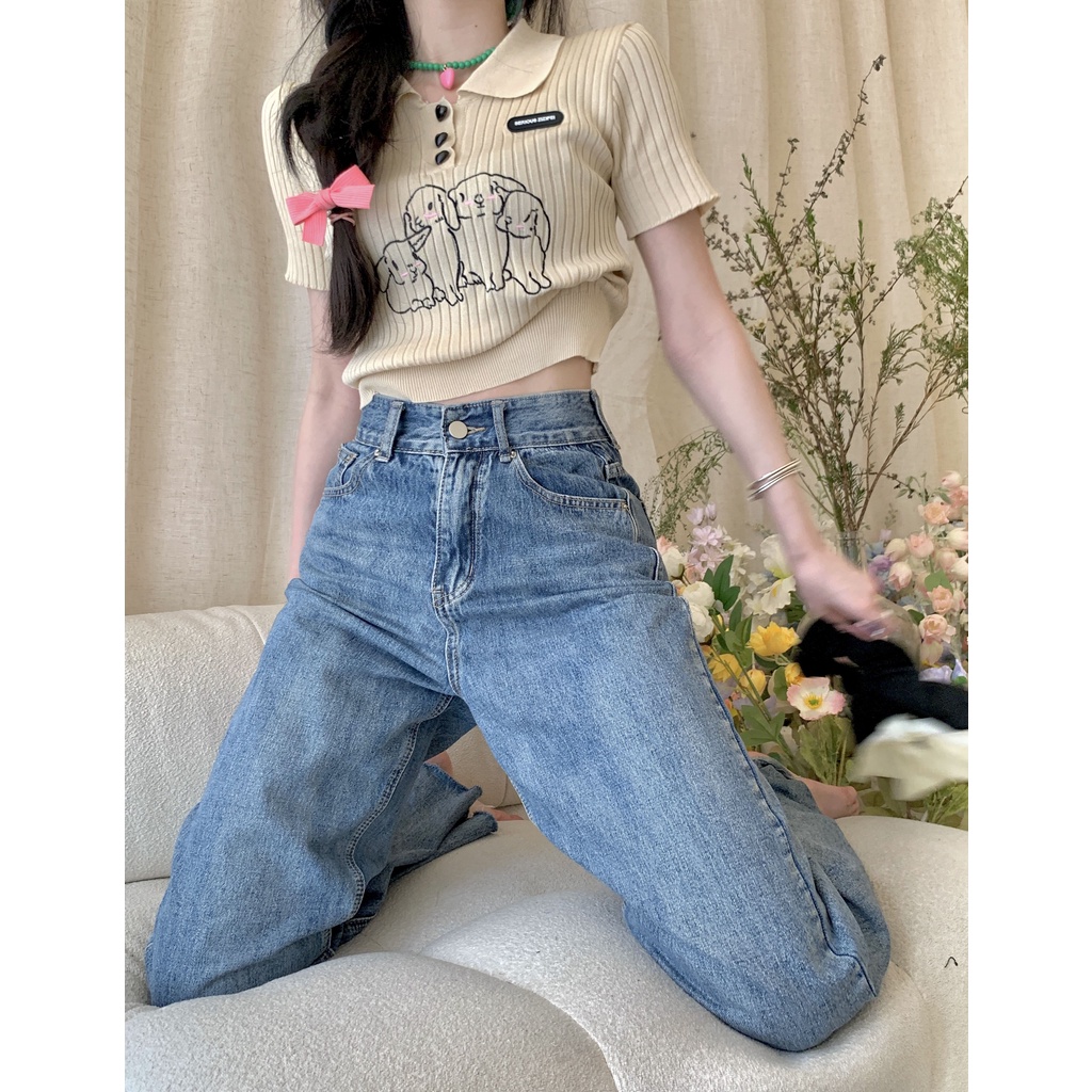 Cocory vn Áo Thun Croptop Dệt Kim Tay Ngắn Cổ Polo Thêu Họa Tiết Thỏ Thời Trang Mùa Hè Cho Nữ