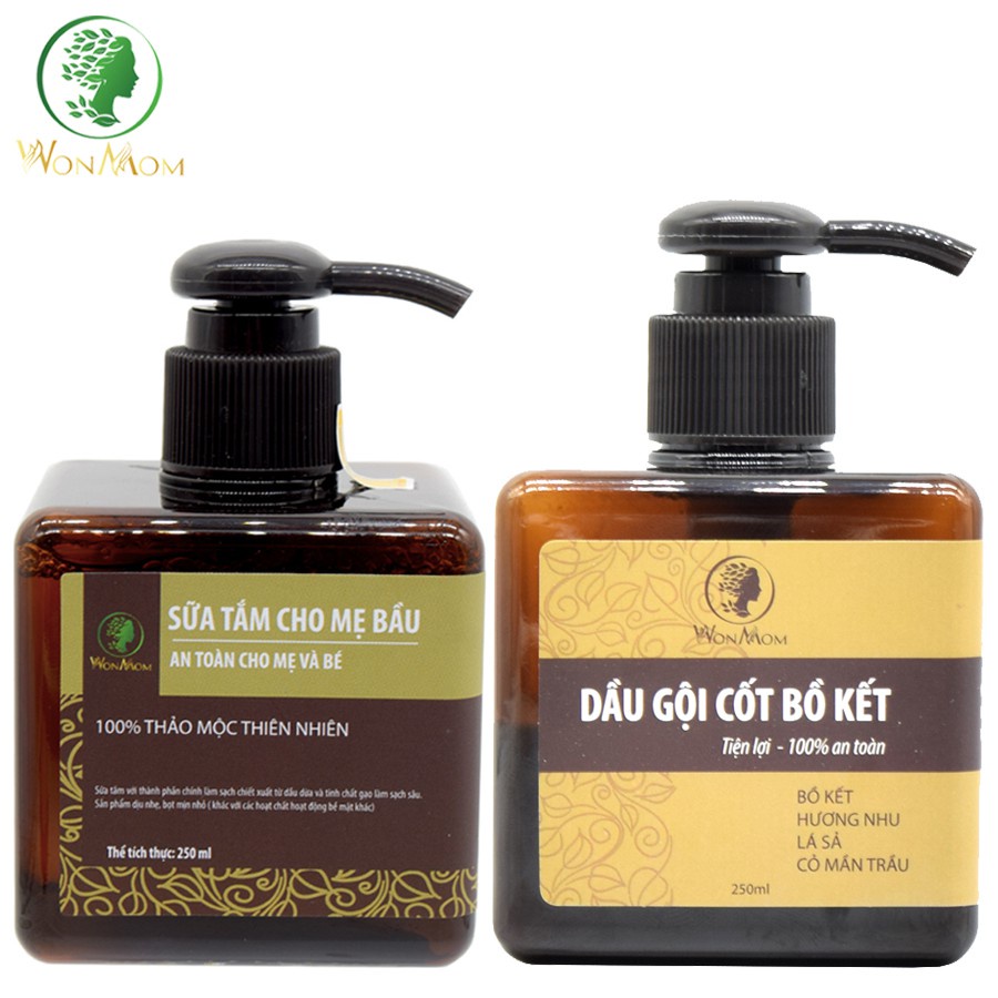 Bộ dưỡng thơm tho toàn thân và làm sạch cơ thể Wonmom (1 dầu gội cốt bồ kết + 1 sữa tắm thảo dược)