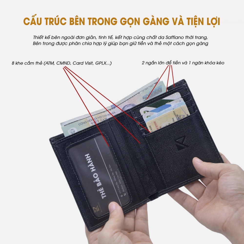 Ví Nam Da Bò Saffiano Nhỏ Gọn Đựng Card Feasty Đẳng Cấp, Bóp Nam Da Thật Chống Nước,Xước Có Hộp Đựng - V105