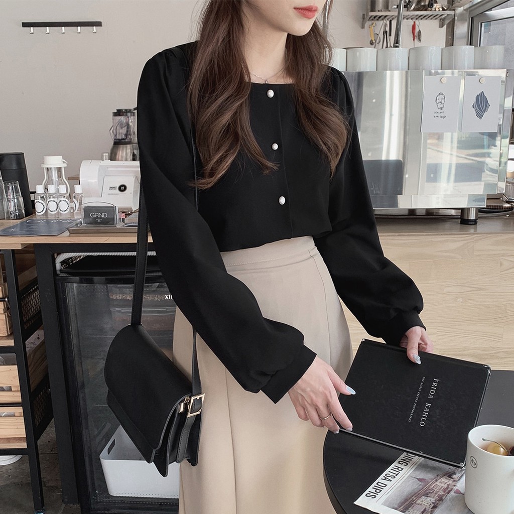 Áo Kiểu Tay Dài Cổ Vuông Màu Trơn Đơn Giản 37230