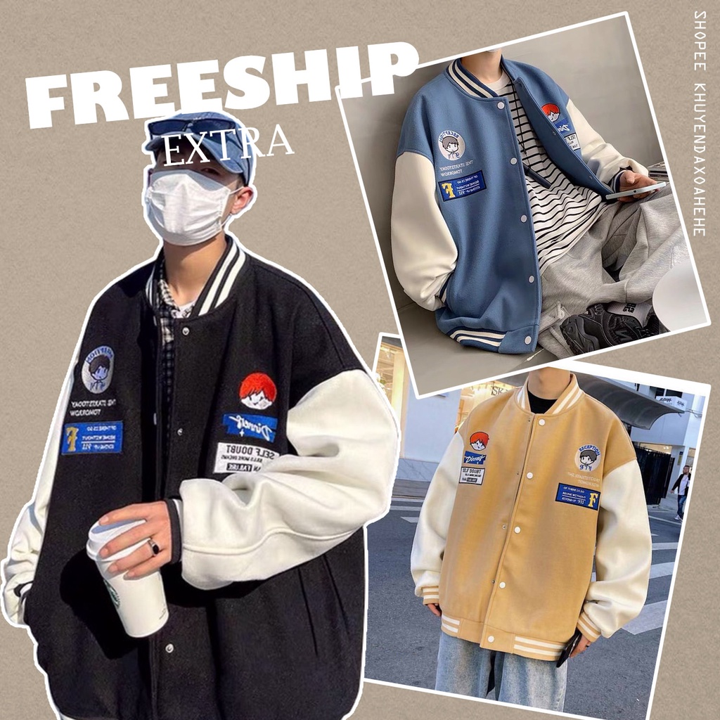 AK018 Áo bomber jacket logo bé trai nam nữ đen nâu be oversize dáng to Áo khoác nỉ bóng chày unisex form rộng thu đông