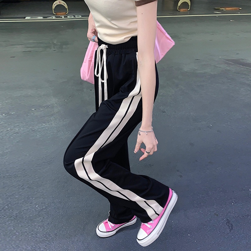 Quần dài ZHELIHANGFEI ống rộng lưng cao họa tiết sọc thời trang cho nữ