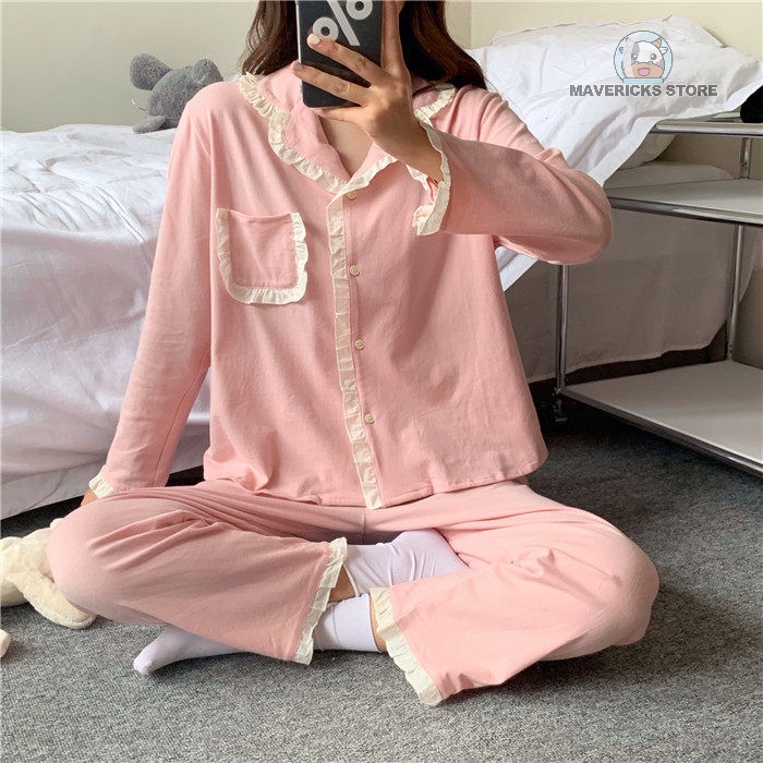 Bộ đồ ngủ tay dài phong cách Hàn Quốc đáng yêu thời trang xuân thu cho nữ