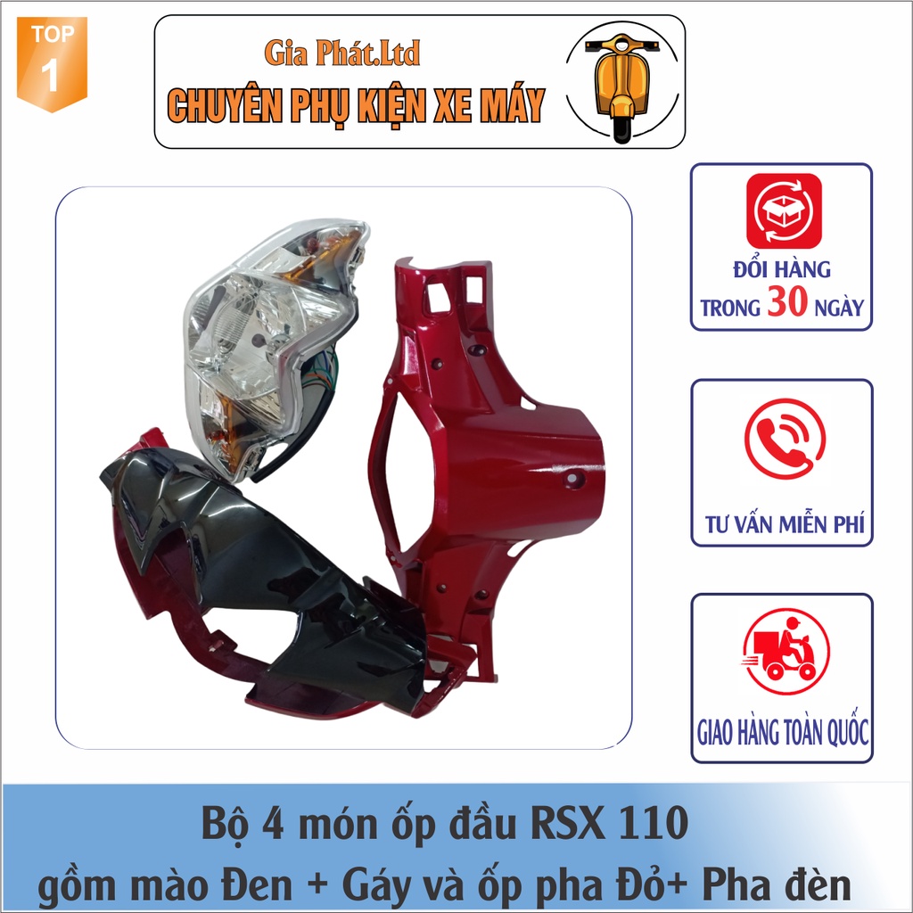 Combo ốp đầu Wave RSX 110  gồm Mào Đen -Gáy Đỏ - và Pha đèn kèm bóng