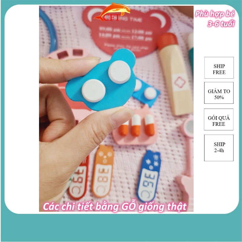 Đồ chơi bác sỹ gỗ cho bé từ 3 tuổi giúp bé tập làm bác sỹ xua tan nỗi sợ bác sỹ có ống nghe nghe thật