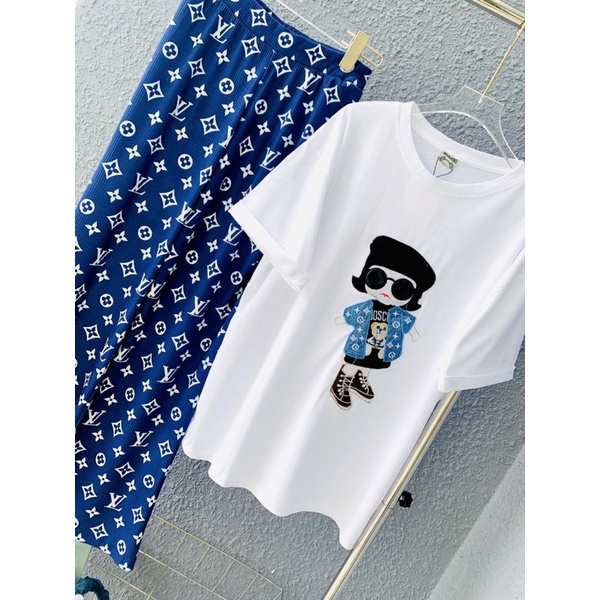 Set áo cotton cô gái mang kiếng thêu quần gân suông hot hit